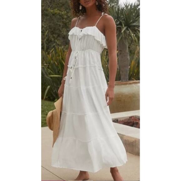 By Anthropologie NWT Tiered Maxi Dress Viscose Size: XL Color: Ivory - Picture 1 of 13